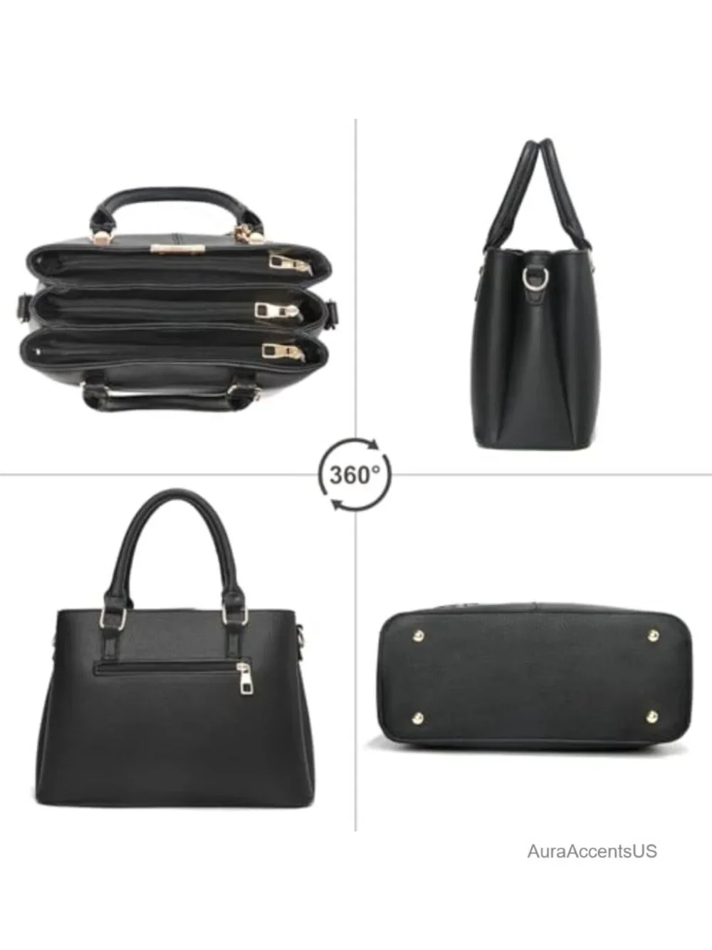 Faux Leather Satchel Purse with 3 Zip Compartments, Top Handle, Adjustable Strap